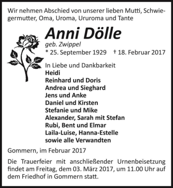 Traueranzeige von Anni Dölle (geb. Zwippel)  von Magdeburger Volksstimme
