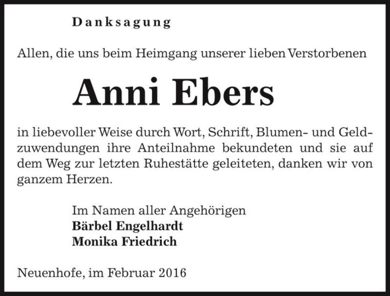  Traueranzeige für Anni Ebers  vom 13.02.2016 aus Magdeburger Volksstimme