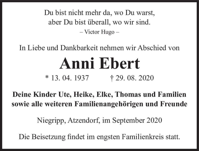  Traueranzeige für Anni Ebert  vom 19.09.2020 aus Magdeburger Volksstimme