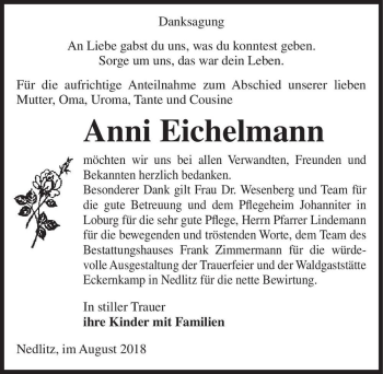 Traueranzeige von Anni Eichelmann  von Magdeburger Volksstimme
