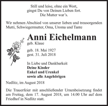 Traueranzeige von Anni Eichelmann (geb. Klaue)  von Magdeburger Volksstimme