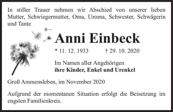Traueranzeige von Anni Einbeck  von Magdeburger Volksstimme