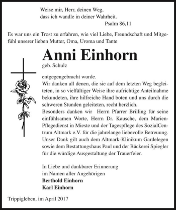 Traueranzeige von Anni Einhorn (geb. Schulz)  von Magdeburger Volksstimme