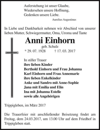 Traueranzeige von Anni Einhorn (geb. Schulz)  von Magdeburger Volksstimme