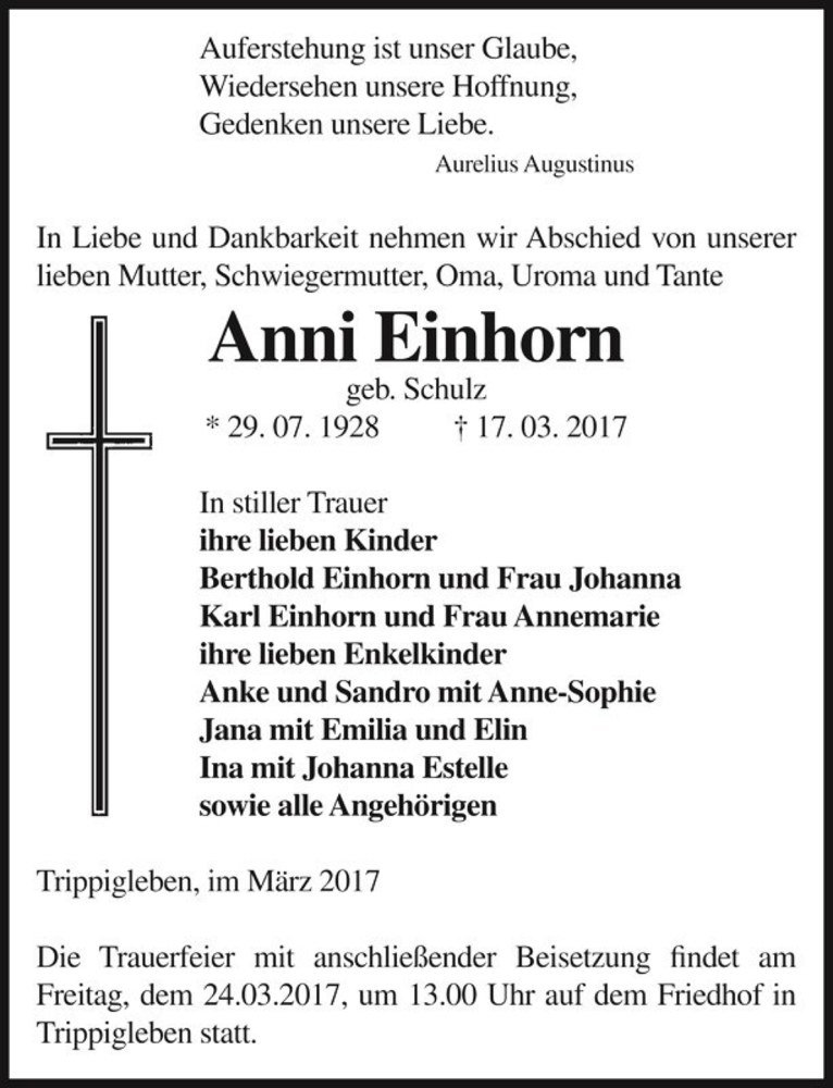  Traueranzeige für Anni Einhorn (geb. Schulz)  vom 21.03.2017 aus Magdeburger Volksstimme