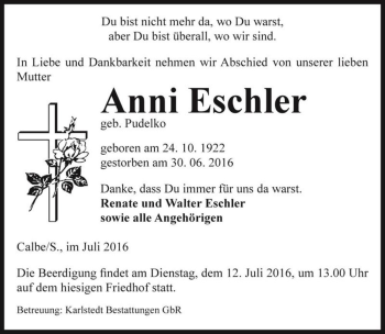 Traueranzeige von Anni Eschler (geb. Pudelko)  von Magdeburger Volksstimme