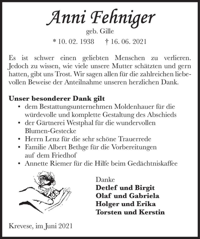  Traueranzeige für Anni Fehniger (geb. Gille)  vom 10.07.2021 aus Magdeburger Volksstimme