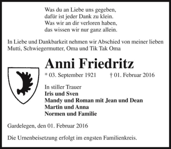Traueranzeige von Anni Friedritz  von Magdeburger Volksstimme