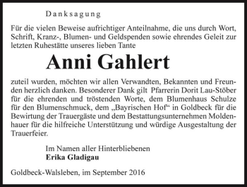 Traueranzeige von Anni Gahlert  von Magdeburger Volksstimme