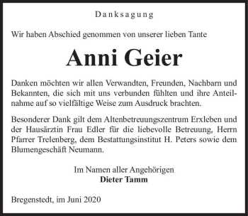 Traueranzeige von Anni Geier  von Magdeburger Volksstimme