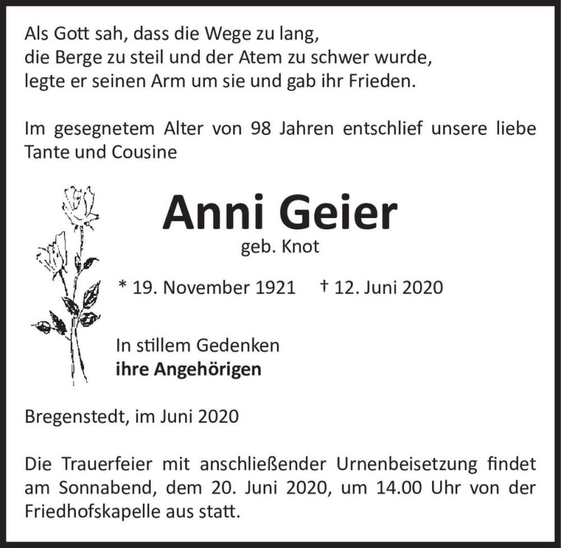  Traueranzeige für Anni Geier (geb. Knot)  vom 16.06.2020 aus Magdeburger Volksstimme