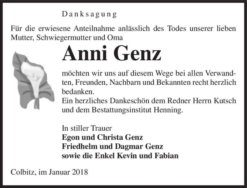  Traueranzeige für Anni Genz  vom 27.01.2018 aus Magdeburger Volksstimme