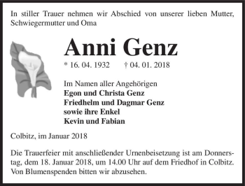 Traueranzeige von Anni Genz  von Magdeburger Volksstimme