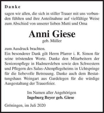 Traueranzeige von Anni Giese (geb. Müller)  von Magdeburger Volksstimme