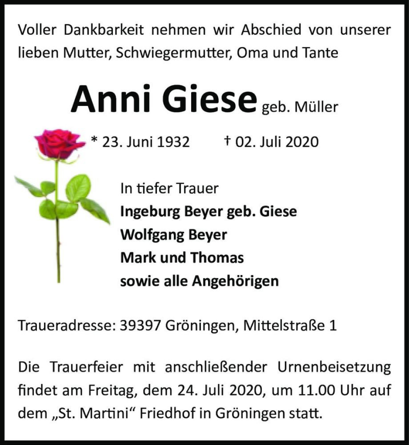  Traueranzeige für Anni Giese (geb. Müller)  vom 11.07.2020 aus Magdeburger Volksstimme