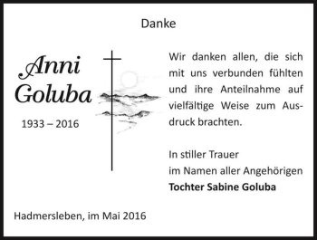 Traueranzeige von Anni Goluba  von Magdeburger Volksstimme