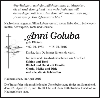 Traueranzeige von Anni Goluba (geb. Klietsch)  von Magdeburger Volksstimme