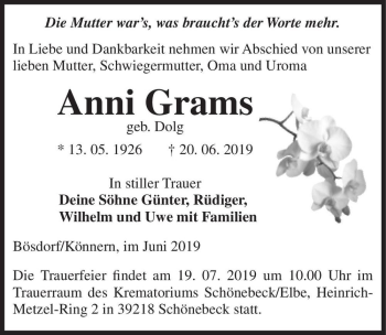 Traueranzeige von Anni Grams (geb. Dolg)  von Magdeburger Volksstimme