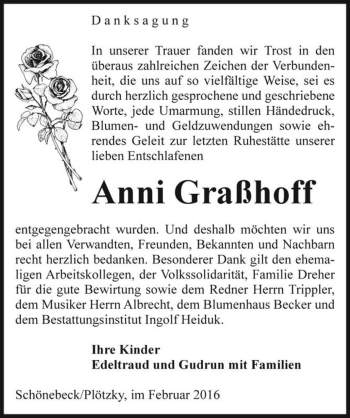 Traueranzeige von Anni Graßhoff  von Magdeburger Volksstimme