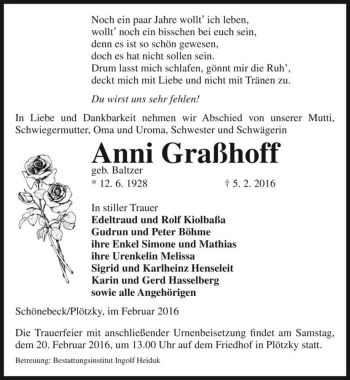 Traueranzeige von Anni Graßhoff (geb. Baltzer)  von Magdeburger Volksstimme