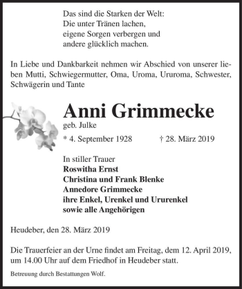 Traueranzeige von Anni Grimmecke (geb. Julke)  von Magdeburger Volksstimme