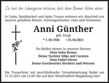 Traueranzeige von Anni Günther (geb. Kragl)  von Magdeburger Volksstimme
