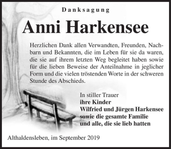 Traueranzeige von Anni Harkensee  von Magdeburger Volksstimme
