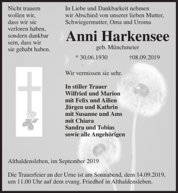 Traueranzeige von Anni Harkensee (geb. Münchmeier)  von Magdeburger Volksstimme