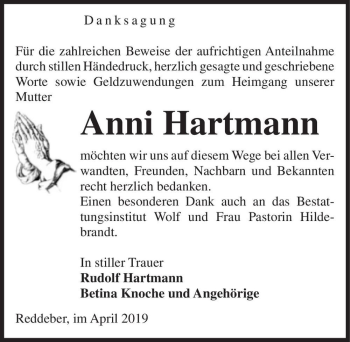Traueranzeige von Anni Hartmann  von Magdeburger Volksstimme
