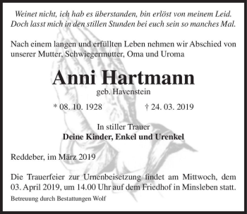 Traueranzeige von Anni Hartmann (geb. Havenstein)  von Magdeburger Volksstimme