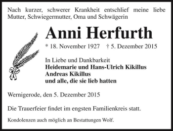Traueranzeige von Anni Herfurth  von Magdeburger Volksstimme