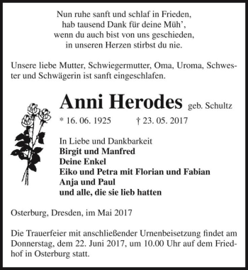 Traueranzeige von Anni Herodes (geb. Schultz)  von Magdeburger Volksstimme