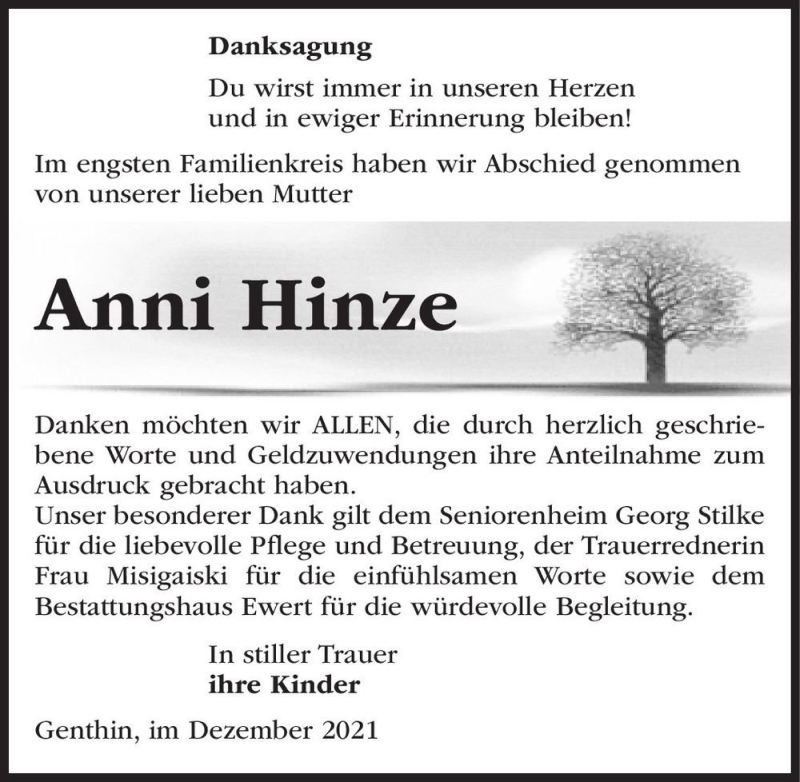  Traueranzeige für Anni Hinze  vom 08.01.2022 aus Magdeburger Volksstimme