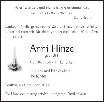Traueranzeige von Anni Hinze (geb. Birk)  von Magdeburger Volksstimme