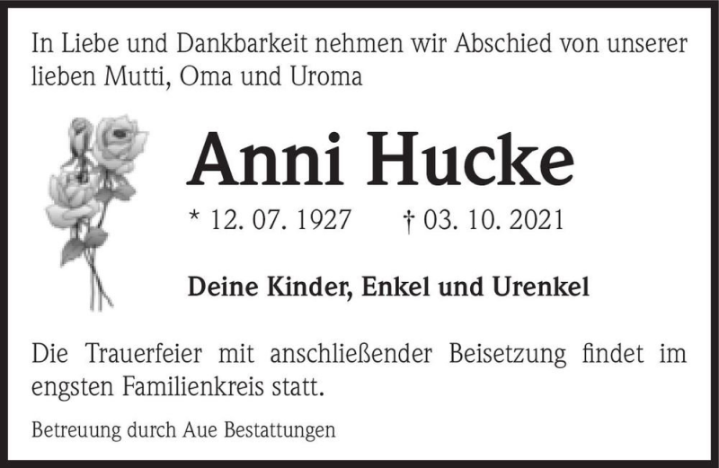  Traueranzeige für Anni Hucke  vom 16.10.2021 aus Magdeburger Volksstimme