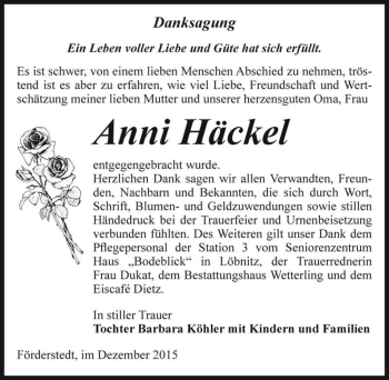 Traueranzeige von Anni Häckel  von Magdeburger Volksstimme