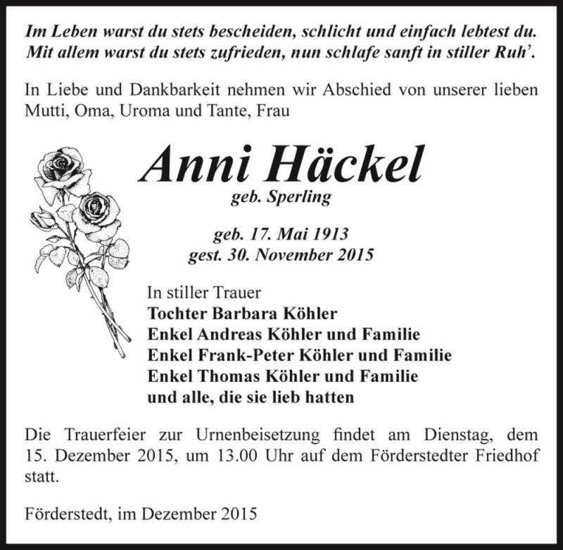  Traueranzeige für Anni Häckel (geb. Sperling)  vom 05.12.2015 aus Magdeburger Volksstimme