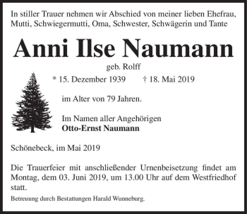 Traueranzeige von Anni Ilse Naumann (geb. Rolff)  von Magdeburger Volksstimme