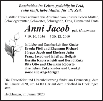 Traueranzeige von Anni Jacob (geb. Hausmann)  von Magdeburger Volksstimme