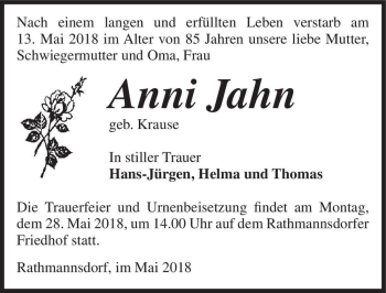 Traueranzeige von Anni Jahn (geb. Krause)  von Magdeburger Volksstimme