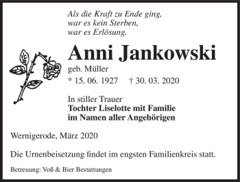 Traueranzeige von Anni Jankowski (geb. Müller)  von Magdeburger Volksstimme