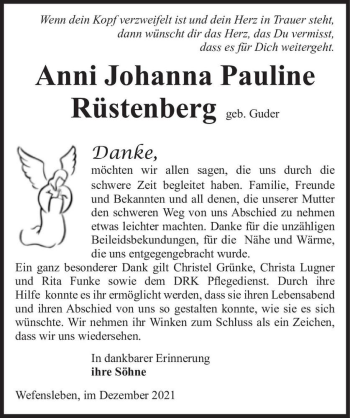 Traueranzeige von Anni Johanna Pauline Rüstenberg (geb. Guder)  von Magdeburger Volksstimme