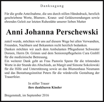 Traueranzeige von Anni Johanna Perschewski  von Magdeburger Volksstimme