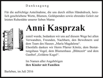 Traueranzeige von Anni Kasprzak  von Magdeburger Volksstimme