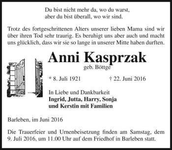 Traueranzeige von Anni Kasprzak (geb. Böttge)  von Magdeburger Volksstimme