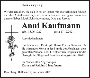 Traueranzeige von Anni Kaufmann  von Magdeburger Volksstimme