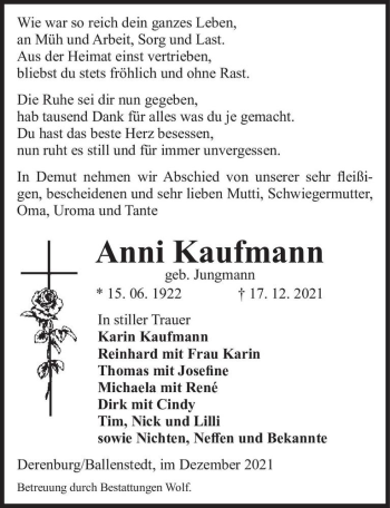 Traueranzeige von Anni Kaufmann (geb. Jungmann)  von Magdeburger Volksstimme