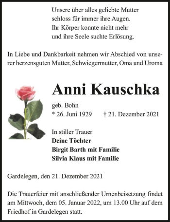 Traueranzeige von Anni Kauschka (geb. Bohn)  von Magdeburger Volksstimme