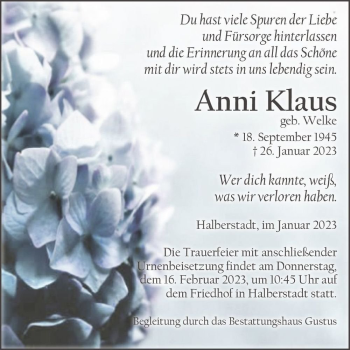 Traueranzeige von Anni Klaus (geb. Welke)  von Magdeburger Volksstimme