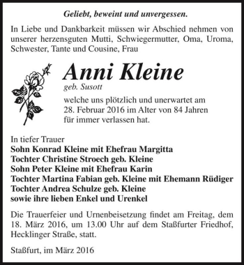 Traueranzeige von Anni Kleine (geb. Susott)  von Magdeburger Volksstimme